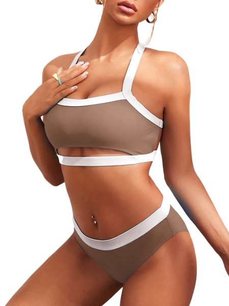 

contrast trim crisscross cut out halter bikini swimsuit 94ma#, White;black
