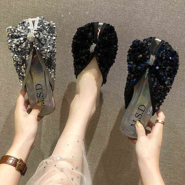 

slippers low women summer loafers female shoes cover toe slides fashion soft flat luxury bling rubber pu basic 220329, Black