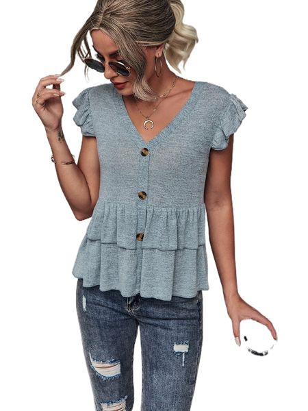 

butterfly sleeve tiered layer hem tee e05d#, White