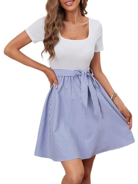 

striped belted a-line dress 54be#, Black;gray