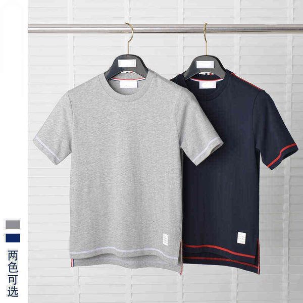 

brand summer tb round neck short sleeve men's t-shirt simple leisure trend classic three stripes simple solid color timeless pure cotto, White;black