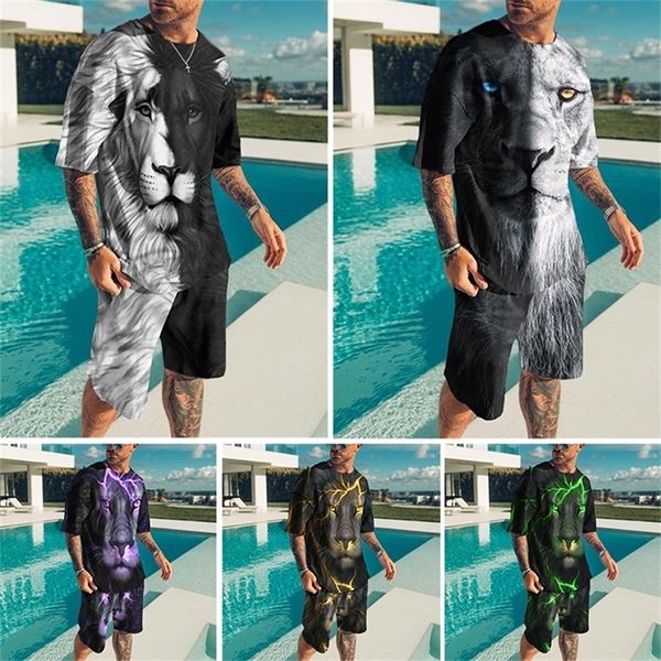 Мужские спортивные костюмы Lion 3D Printed T Roomts Sets Men Summer Shorts Sportsuit Негабаритная одежда Fashihon Casual Men Suit 2 Piece Set 220826