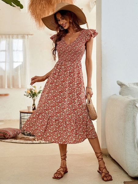 

ditsy floral print shirred ruffle hem dress 87xi#, Black;gray