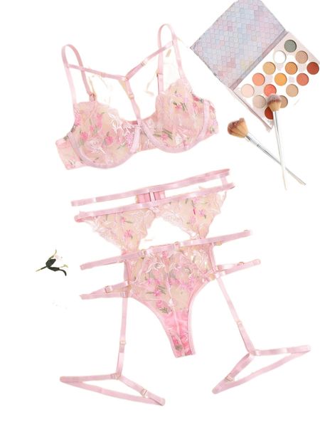 

floral embroidery mesh underwire garter lingerie set l03d#, Black;red