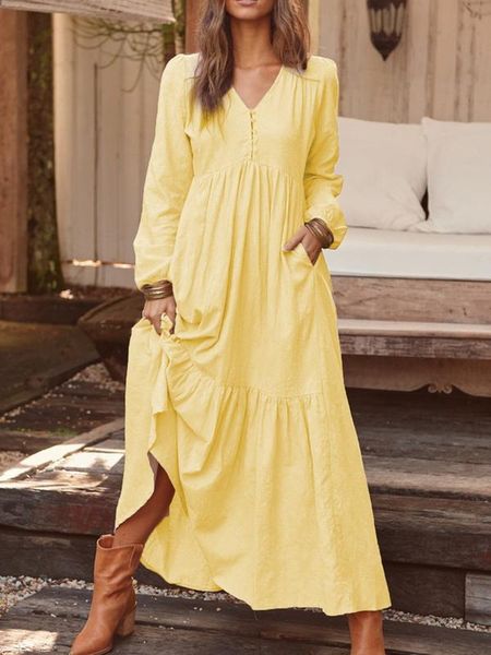 

women long maxi dress casual long sleeve pleated pockets buttons v neck party cotton bohemian dresses, Black;gray