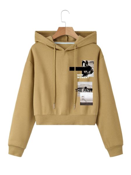 

letter graphic drop shoulder drawstring thermal hoodie n5sp#, Black