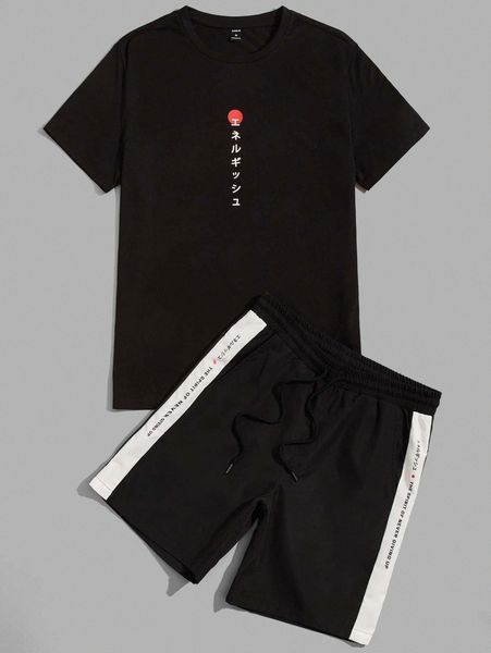 

men japanese letter graphic tee and track shorts set 70s3#, Gray
