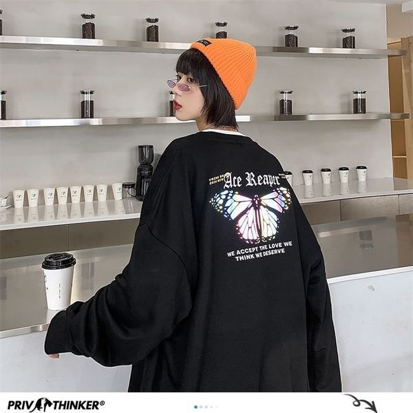 

privathinker printed butterfly reflective women sweatshirts autumn korean women's woman streetwear casual pullovers 201203, Black