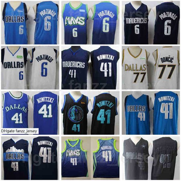 

men basketball dirk nowitzki jersey 41 kristaps porzingis 6 luka doncic 77 all stitching navy blue white black green, Black;red