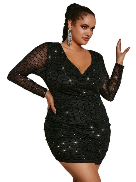 

glamaker plus geo print rhinestone insert mesh bodycon dress m2to#, Black