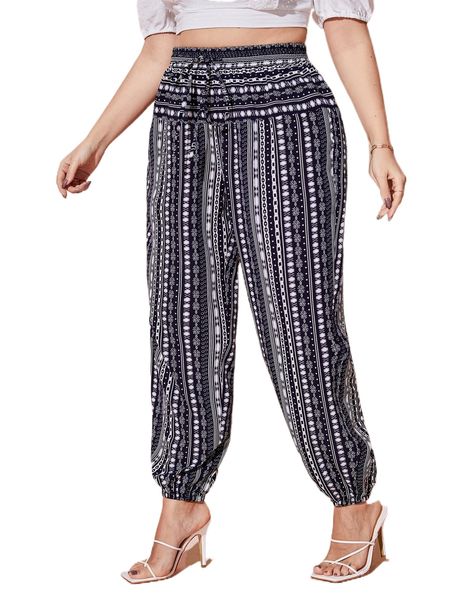 

plus striped & geo print tie front pants v8hi#, Black