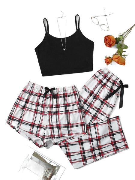 

3pcs plaid bow front pj set 00ju#, Black;red