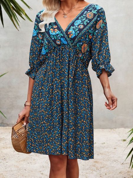 

floral print wrap neck tie back dress h8t2#, Black;gray