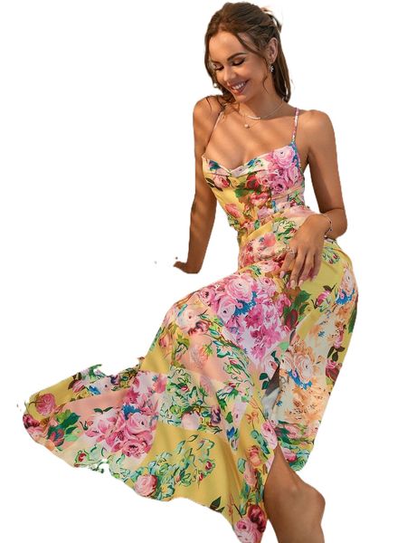 

random floral print criss-cross tie backless maxi cami dress f9kq#, Black;gray
