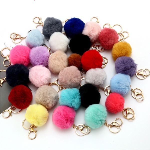 Adorável chaveiro feminino pom pom pom faux rex coelho peles de 8cm de bola de bola de bola de garotão hang card pingente de anel de carros