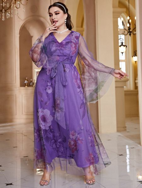 

plus floral print trumpet sleeve belted mesh dress r5fp#, Black