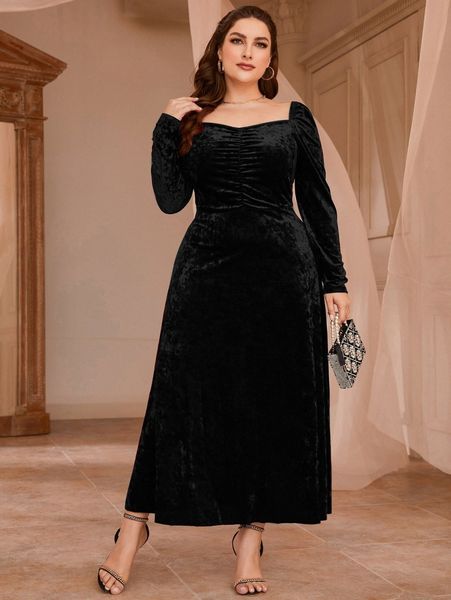 

plus sweetheart neck ruched velvet prom dress x6an#, Black