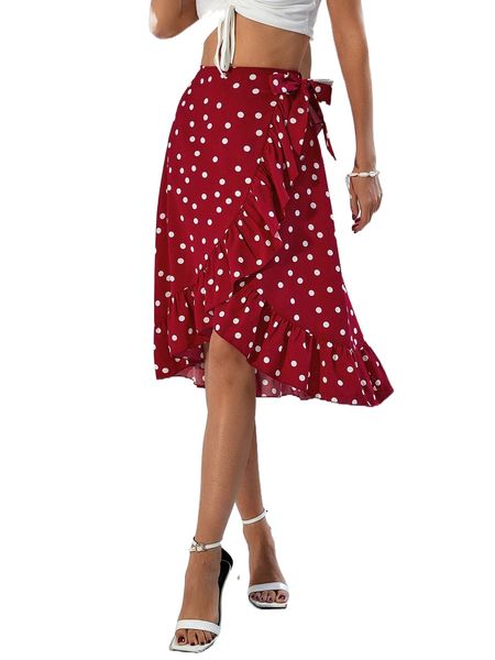 

polka dot ruffle trim wrap knot side skirt o5kg#, Black