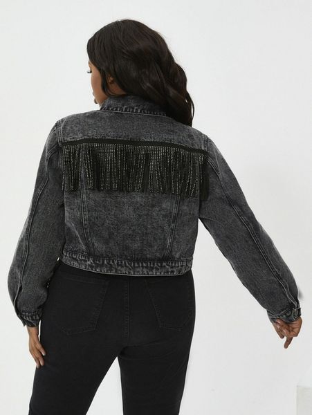 

sxy plus button up fringe detail denim jacket w9c6#, Black;brown