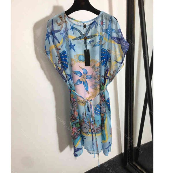 

22ss women designer clothes brand dress shirt off the shoulder chiffon dresses belt waist sleeveless dress album starfish hd print casual fe, Black;gray