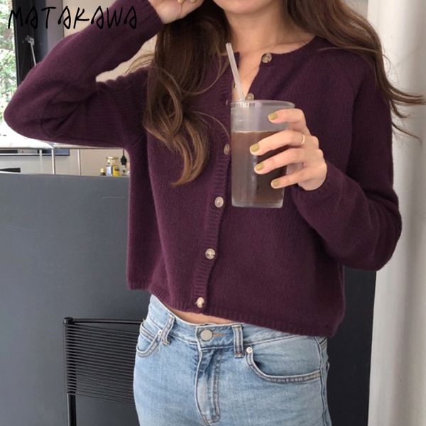 

longsleeved women sweater coat korean autumn wild vintage round neck short knitted cardigan 210506, White