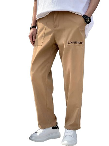 

men letter embroidered slant pockets pants w0k6#, Black
