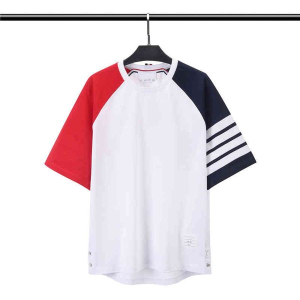 

tb yarn dyed t shirt short sleeve stripe color matching t-shirt hong kong limited five point sleeve men's women's fashion loose ba, White;black