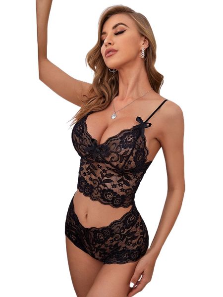

floral lace scallop trim lingerie set s6c4#, Black;red
