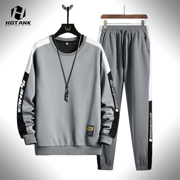 

autumn mens sets casual tracksuits men patchwork oneck sweatshirtsweatpants hip hop pullover streetwear fashion jogging suits 220809, Gray