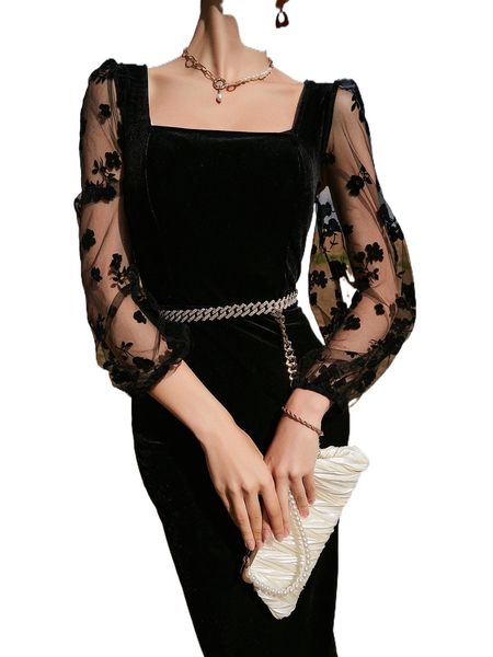 

velvet contrast mesh puff sleeve split hem dress without belt l4cm#, Black;gray