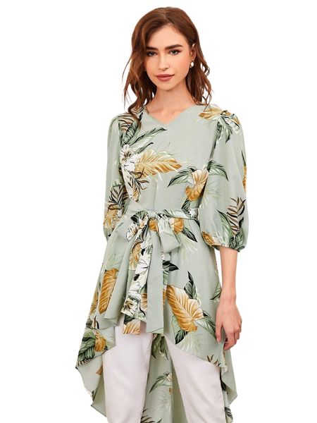 

tropical print belted high low w4c8#, White