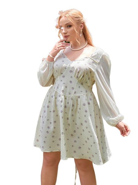 

plus floral print sweetheart neck bishop sleeve dress 8595#, Black