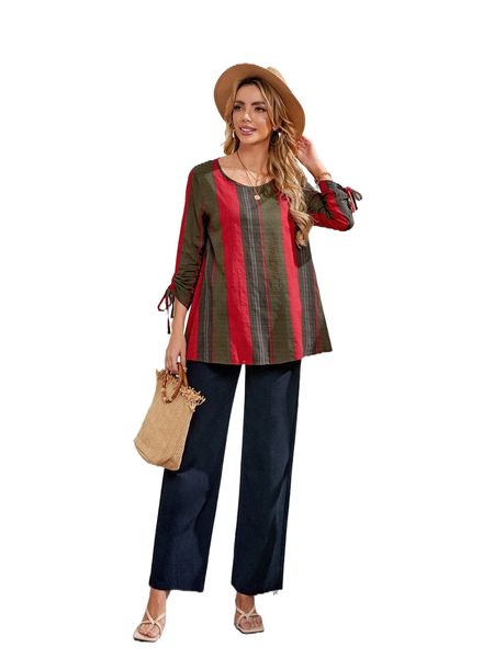 

emery rose striped drawstring cuff blouse & pants k0xh#, White