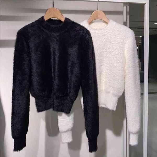 

women's sweaters aw dawangjia autumn long sleeve waist closing round neck plush short pullover mahai sweater, White;black