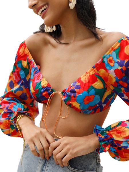 

floral print flounce sleeve tie front crop m8yw#, White