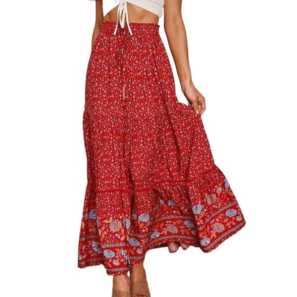 

women floral print pleated midi skirt elastic high waist side pockets skirts summer 2022 elegant female bottom #3 g721#, Black