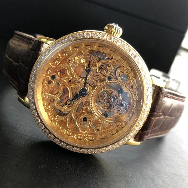 

wristwatches luxury tourbillon skeleton men's watch diamond sapphire men watches seagull st8000 movement manual mechanical leather male, Slivery;brown