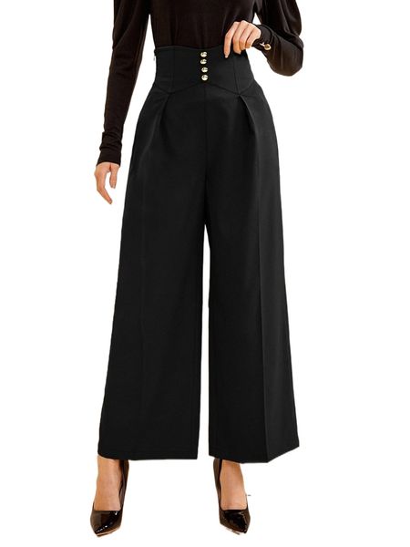 

high waisted solid wide leg pants 09h2#, Black;white