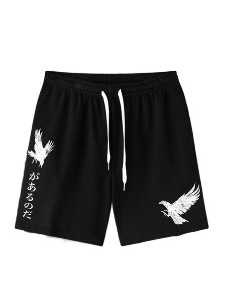 

men eagle & japanese letter graphic drawstring waist shorts u9y5#, White;black