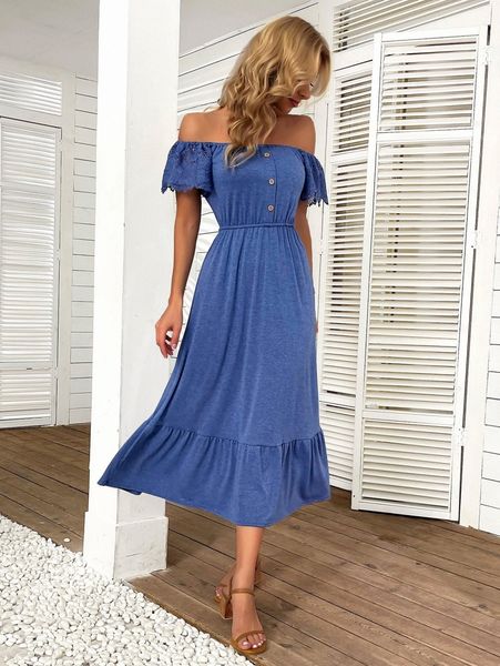 

off shoulder fake button contrast lace ruffle hem dress o2x5#, Black;gray