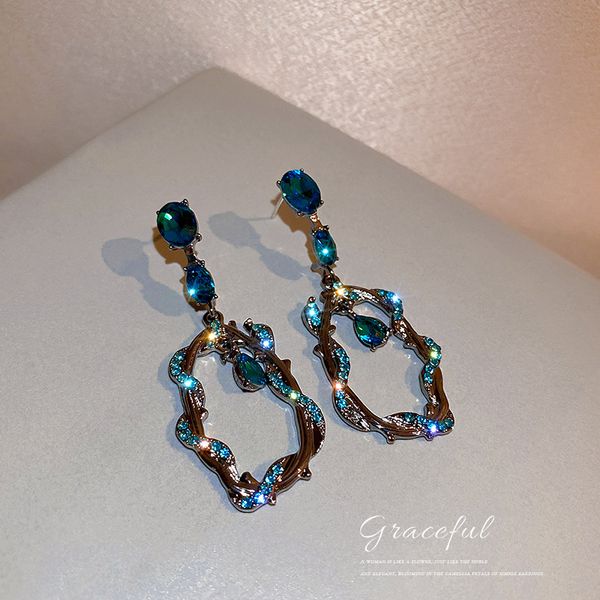 

925 silver needle european and american winding diamond water drop ear studs earrings super fairy long high profile earrings hong kong style, Golden