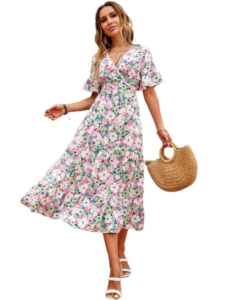 

allover floral print flounce sleeve ruffle hem dress v2ow#, Black;gray