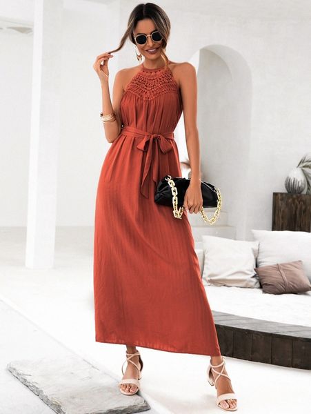 

guipure lace panel belted halter dress a8mv#, Black;gray