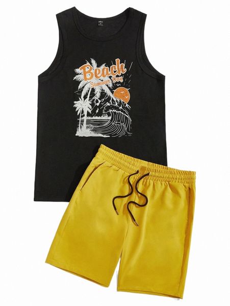 

men slogan & tropical print tank & drawstring waist shorts 67ab#, Gray