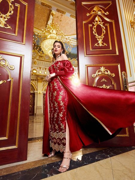 

embroidery floral off shoulder shirred cuff slit dress 59m2#, Black;gray