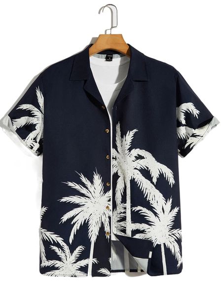 

men tropical print lapel collar shirt p47y#, White;black