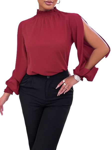 

frill neck split sleeve blouse b7nb#, White
