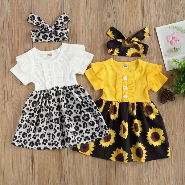 Roupas infantis garotas girassol leopardo vestido de nervura infantil vestidos de manga voadora vestidos de princesa de verão