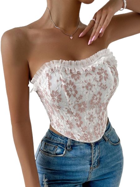 

floral pattern frilled lace-up back lace tube s3ee#, White