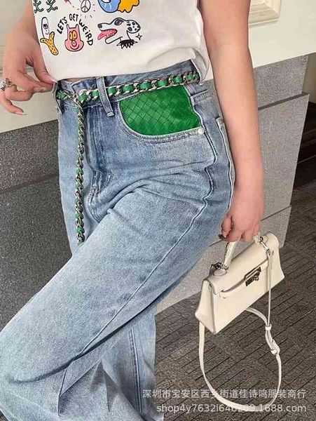 

women's jeans give belt to b family color contrast knitting niche design jeans women's summer high waist light jeans di1s, Blue